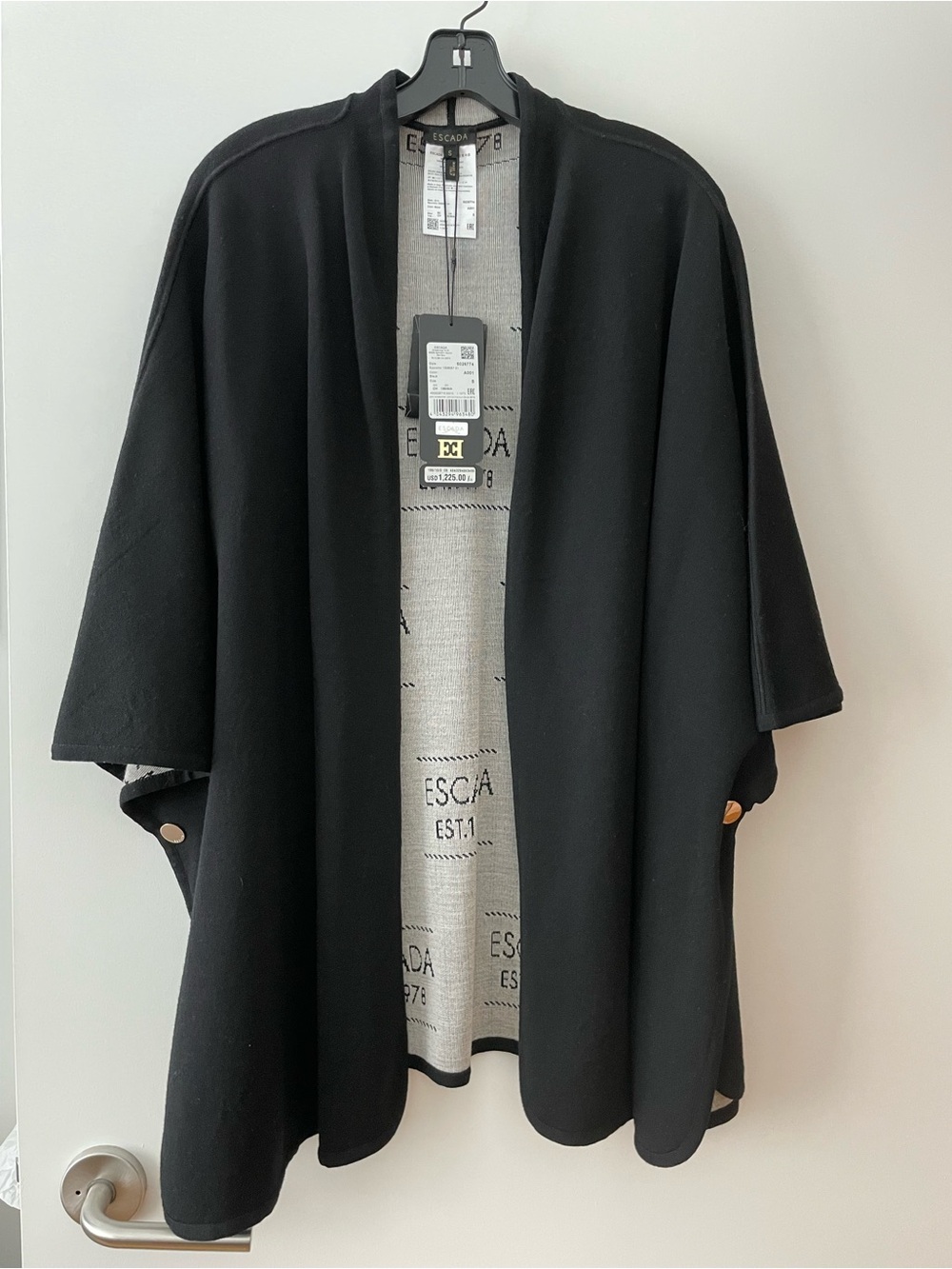 Escada Black Open Poncho with Button-Tab Sleeves. White contrast. Size S. NWT!